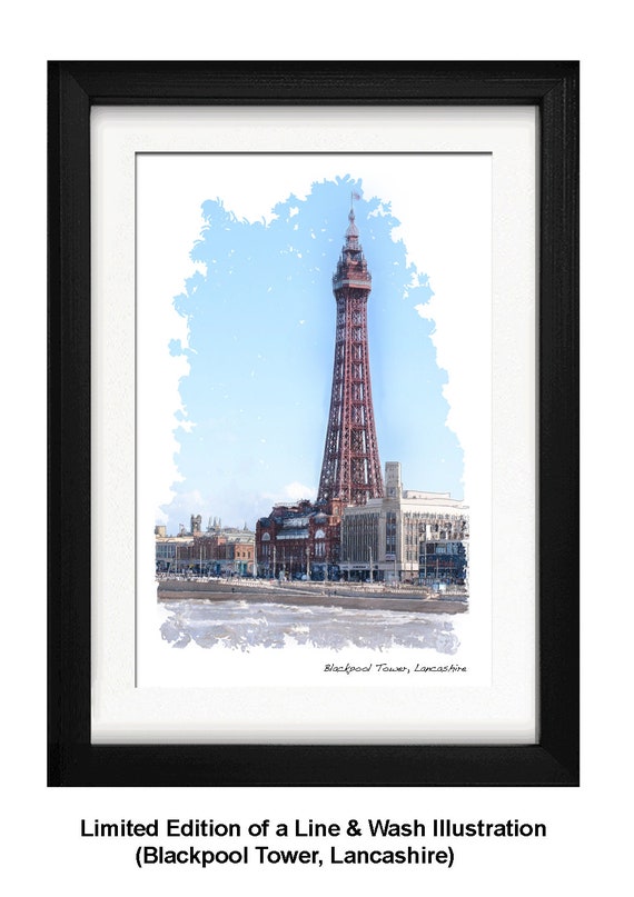 BLACKPOOL TOWER, Framed Limited Edition Fine Art Giclée Print, from an original Line and Wash Illustration by Gerald Bright.