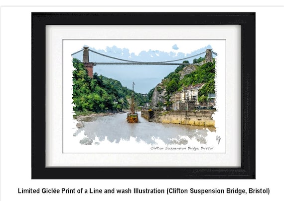 CLIFTON SUSPENSION BRIDGE, Framed Limited Edition Fine Art Giclée Print, from an original Line and Wash Illustration by Gerald Bright