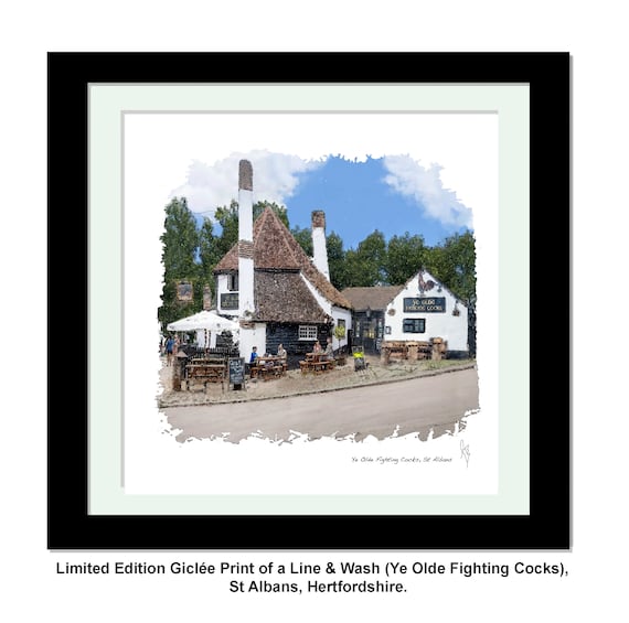 YE OLDE FIGHTING Cocks, St Albans, Limited Edition Fine Art Giclée Print, from an original Line and Wash Illustration by Gerald Bright