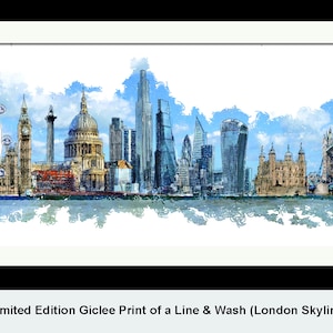 LONDON SKYLINE PANORAMIC, Framed Limited Edition Fine Art Giclée Print, from an original Line and Wash illustration by artist Gerald Bright.