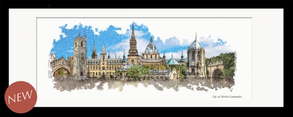 City of Oxford Landmarks, Framed Limited Edition Fine Art Giclée Print, from an original Line and Wash illustration by artist Gerald Bright.