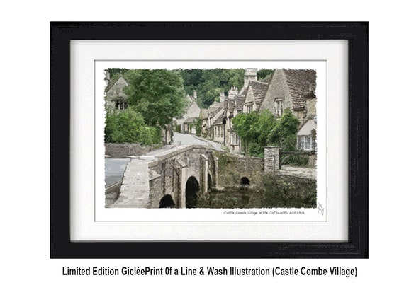 CASTLE COMBE Village, from an original Line and Wash illustration by Gerald Bright