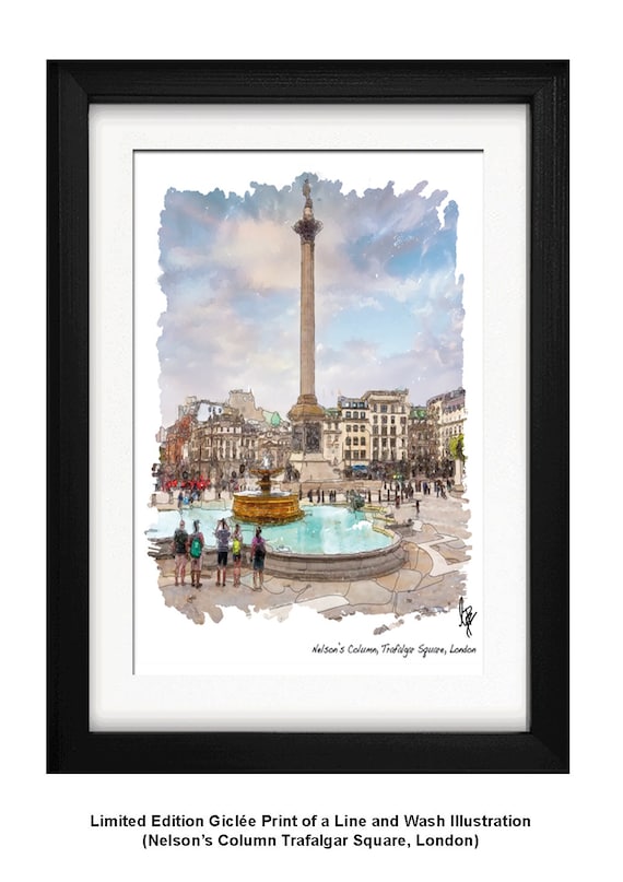 TRAFALGAR SQUARE, London, Framed Limited Edition Fine Art Giclée Print, from an original Line and Wash illustration by Gerald Bright