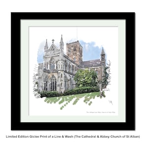 ST ALBANS Cathedral & Abbey, ingelijste Limited Edition Fine Art Giclée Print, van een originele Line and Wash-illustratie van Gerald Bright