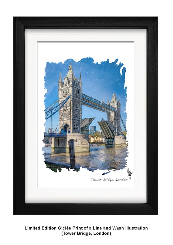 TOWER BRIDGE, Framed Limited Edition Fine Art Giclée Print, from an original Line and Wash illustration by Gerald Bright