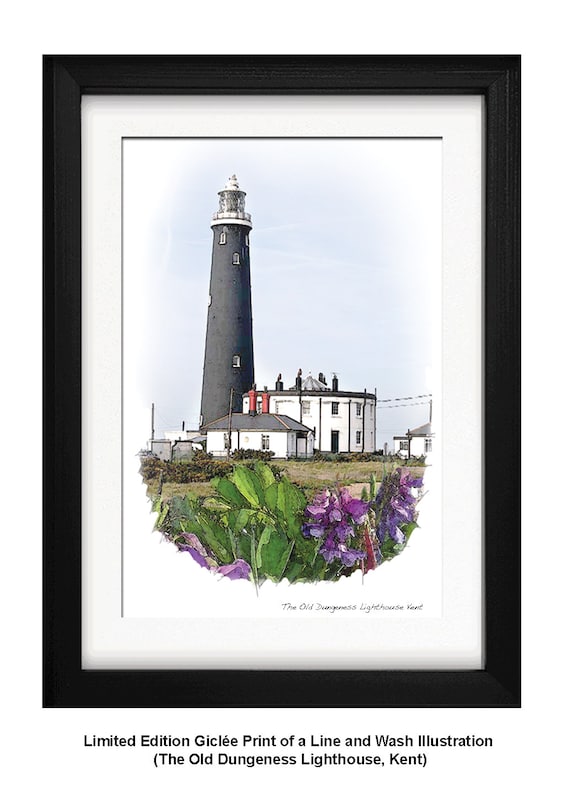THE OLD DUNGENESS Lighthouse, Framed Limited Edition Fine Art Giclée Print, from an original Line and Wash illustration by Gerald Bright