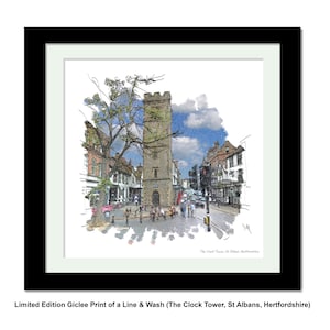 ST ALBANS Clock Tower, Framed Limited Edition Fine Art Giclée Print, from an original Line and Wash illustration by Gerald Bright