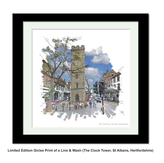 ST ALBANS Clock Tower, Framed Limited Edition Fine Art Giclée Print, from an original Line and Wash illustration by Gerald Bright