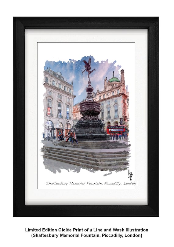 EROS PICCADILLY, Framed Limited Edition Fine Art lée Print, from an original Line and Wash Illustration by Gerald Bright