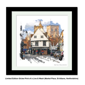 ST ALBANS Market Place, Framed Limited Edition Fine Art Giclée Print, from an original Line and Wash illustration by Gerald Bright
