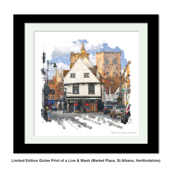 ST ALBANS Market Place, Framed Limited Edition Fine Art Giclée Print, from an original Line and Wash illustration by Gerald Bright