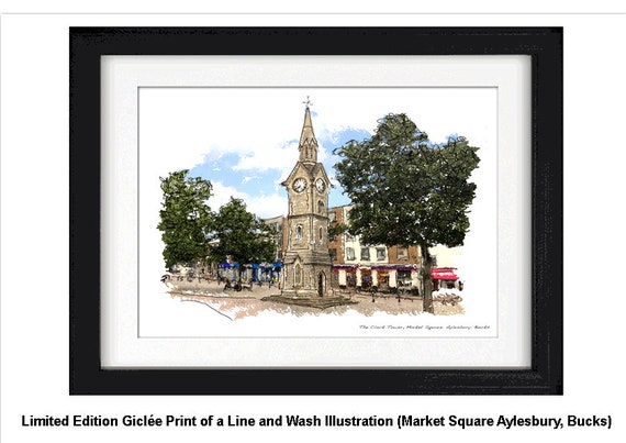 AYLESBURY Clock Tower, Framed Limited Edition Fine Art Giclée Print, from an original Line and Wash illustration by Gerald Bright