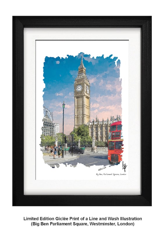 BIG BEN, Framed Limited Edition Fine Art Giclée Print, from an original Line and Wash illustration by Gerald Bright