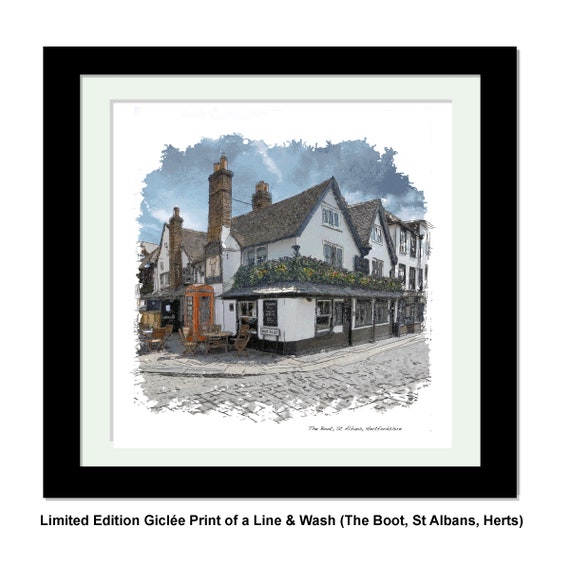 THE BOOT St Albans, Framed Limited Edition Fine Art Giclée Print, from an original Line and Wash Illustration by Gerald Bright