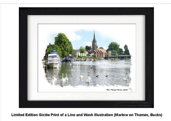 MARLOW-on-THAMES Framed Limited Edition Fine Art Giclée Print, from an original Line and Wash illustration by Gerald Bright