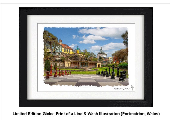 PORTMEIRION, WALES, Framed Limited Edition Fine Art Giclée Print, from an original Line and Wash illustration by Gerald Bright