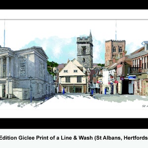 ST ALBANS Panoramic scene, Framed Limited Edition Fine Art Giclée Print, from an original Line and Wash illustration, by Gerald Bright