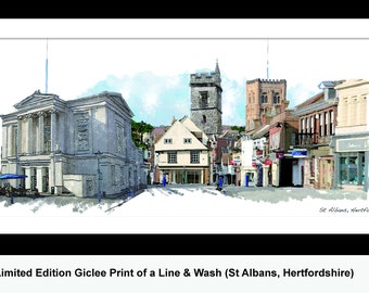 ST ALBANS Panoramic scene, Framed Limited Edition Fine Art Giclée Print, from an original Line and Wash illustration, by Gerald Bright