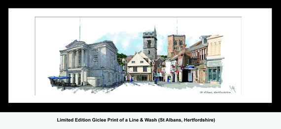 ST ALBANS Panoramic scene, Framed Limited Edition Fine Art Giclée Print, from an original Line and Wash illustration, by Gerald Bright