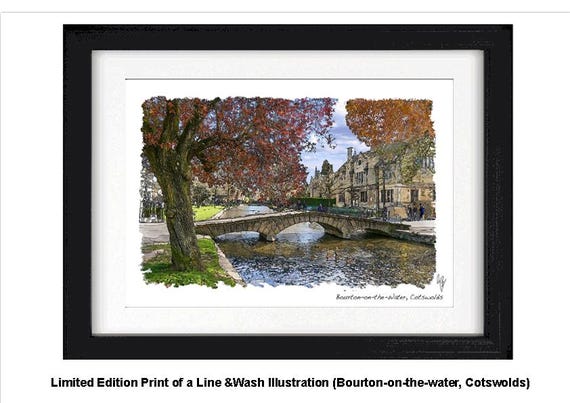 BOURTON-on-the-Water, Costwolds, Framed Limited Edition Fine Art Giclée Print, from an original Line and Wash illustration by Gerald Bright