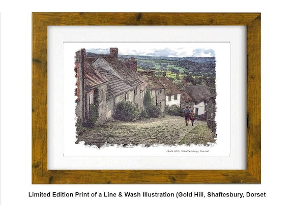 GOLD HIL, SHAFTESBURY, Dorset, Line and Wash Illustration Print, Gerald Bright Artwork
