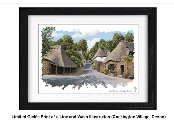 COCKINGTON VILLAGE, Devon, Framed Limited Edition Fine Art Giclée Print, from an original Line and Wash Illustration by Gerald Bright