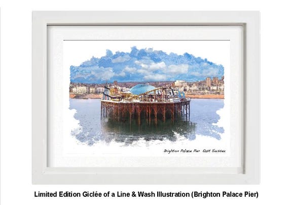 BRIGHTON PALACE PIER, Framed Limited Edition Fine Art Giclée Print, from an original Line and Wash Illustration by Gerald Bright.
