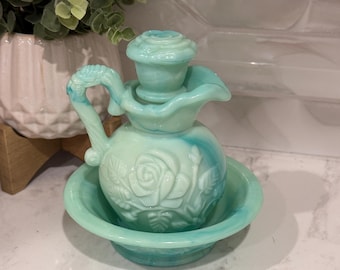 Vintage 1976 Avon Jadeite Green Milk Glass Mini Pitcher and Bowl Set