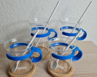 Vintage Bodum Bistro - Set of 4 blue glasses with spoon and coaster - Retro glass - Danish 80's design.