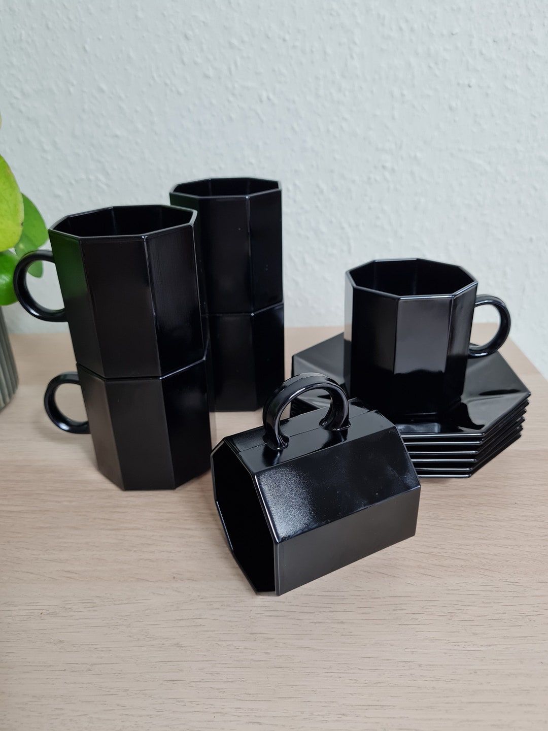 French Vintage Arcopal Octime Black Glass Coffee Cups Set of 6 Octagon