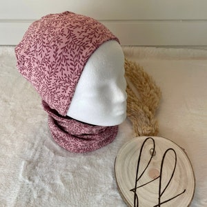 Autumn winter set loop scarf neckerchief knot headband beanie hat baby child flowers flower tendril pink