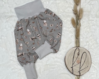 Pantalon à pompe, pantalon slip-on, sarouel, pantalon bébé, pantalon enfant, tortue de mer, poignets gris ou marron