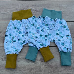 Pantalons à pompes, pantalons slip-on, sarouels, pantalons bébé, pantalons enfants, eucalyptus à revers vert ou jaune moutarde image 9