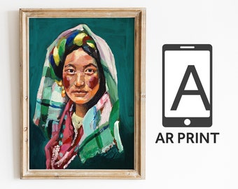 Tibetan woman print,scarf print,tibetan art,woman print,Acrylic colorful print, AR,traditional dress,portrait print,woman portrait