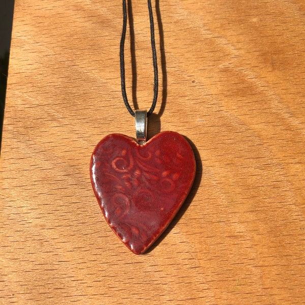 Handmade Ceramic Red Heart Pendant Necklace with Hemp Cord with Gold Foil Back