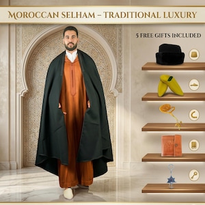 May include: A man wearing a traditional Moroccan Selham, a dark green cloak, over an orange robe. The image includes text that reads "MOROCCAN SELHAM - TRADITIONAL LUXURY" and "5 FREE GIFTS INCLUDED". The gifts are displayed on shelves.