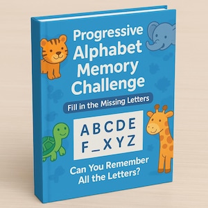 Desafío de memoria progresiva del alfabeto: completa las letras que faltan: libro de aprendizaje imprimible para niños.