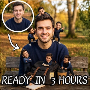 Könnte beinhalten: Eine personalisierte Wackelkopf-Figur eines Mannes mit braunen Haaren in einem marineblauen Pullover. Die Figur ist in verschiedenen Posen neben einem schwarzen Rucksack und einem Kaffeebecher abgebildet, mit dem Text READY IN 3 HOURS unten.