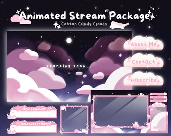 May include: Animated stream package with a night sky background featuring pink clouds, stars, and a moon. The package includes a variety of animated elements, such as a new follower alert, a new subscriber alert, and a chat box. The text "Cotton Candy Clouds" is also included in the image.