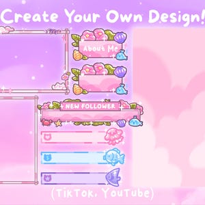 Puede incluir: Una plantilla de dise&ntilde;o digital con una paleta de colores rosa pastel y morado. El dise&ntilde;o incluye marcos, detalles florales y texto que dice "Create Your Own Design!", "About Me" y "NEW FOLLOWER". Elementos decorativos incluyen nubes, conchas y peces.