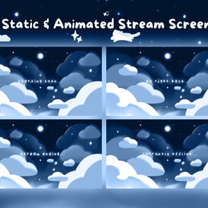 May include: Four static and animated stream screens with a night sky theme. Each screen features a dark blue background with white clouds, stars, and the text: "starting soon," "be right back," "stream ending," and "currently offline."