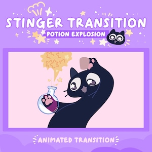 May include: Animated graphic of a black cat with a potion bottle. The text reads "STINGER TRANSITION" and "POTION EXPLOSION" above the cat, with "ANIMATED TRANSITION" below. The cat has a pink paw print in the potion.