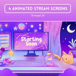 May include: A purple and blue animated stream screen with a cat, a microphone, a keyboard, and a monitor that says "Starting Soon".