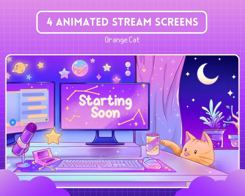 May include: A purple and blue animated stream screen with a cat, a microphone, a keyboard, and a monitor that says "Starting Soon".