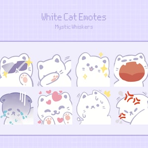 8 White Cat Twitch Emotes |  Discord Emotes | Cozy Twitch | Gifts for Gamers | Twitch Badges | Youtube Emotes | Stream Emotes