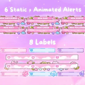 Puede incluir: Gr&aacute;ficos digitales para streaming, con banners rosas y blancos con ilustraciones de criaturas marinas. El texto incluye "6 Static + Animated Alerts" y "8 Labels", con etiquetas como "New Subscriber" y "New Donor".