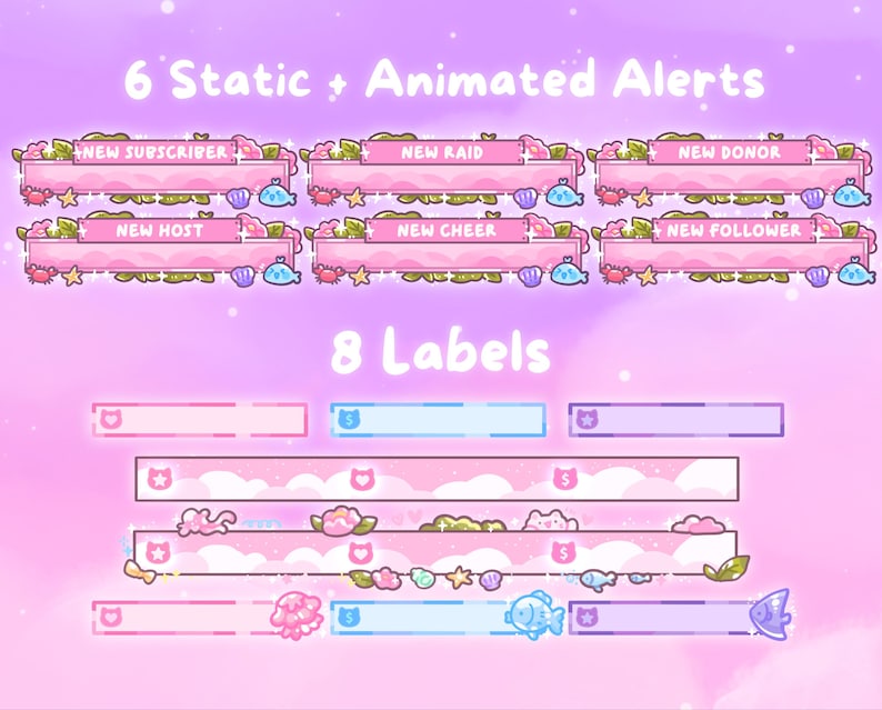 Puede incluir: Gr&aacute;ficos digitales para streaming, con banners rosas y blancos con ilustraciones de criaturas marinas. El texto incluye "6 Static + Animated Alerts" y "8 Labels", con etiquetas como "New Subscriber" y "New Donor".