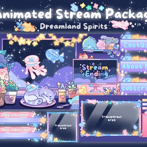 May include: Animated Twitch stream package with a night sky theme. The package includes a stream ending screen, new follower and subscriber alerts, and buttons for contact, about me, and subscribe. The design features cute cartoon characters and a whimsical, dreamy aesthetic.
