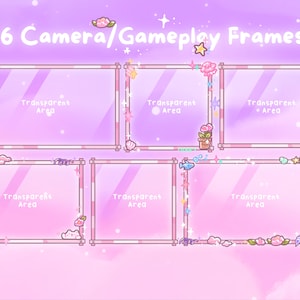 Puede incluir: Seis marcos de c&aacute;mara/juego con un borde a rayas rosa y blanco. Cada marco tiene un &aacute;rea transparente para el contenido. Los marcos est&aacute;n decorados con estrellas, flores, nubes y otros elementos lindos. El fondo es un degradado suave rosa y morado.