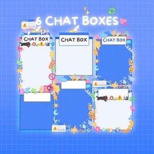 May include: A digital illustration featuring six chat boxes arranged on a blue grid background. Each box is outlined with colorful decorative elements like stars, flowers, and musical notes. The text "6 CHAT BOXES" is at the top.